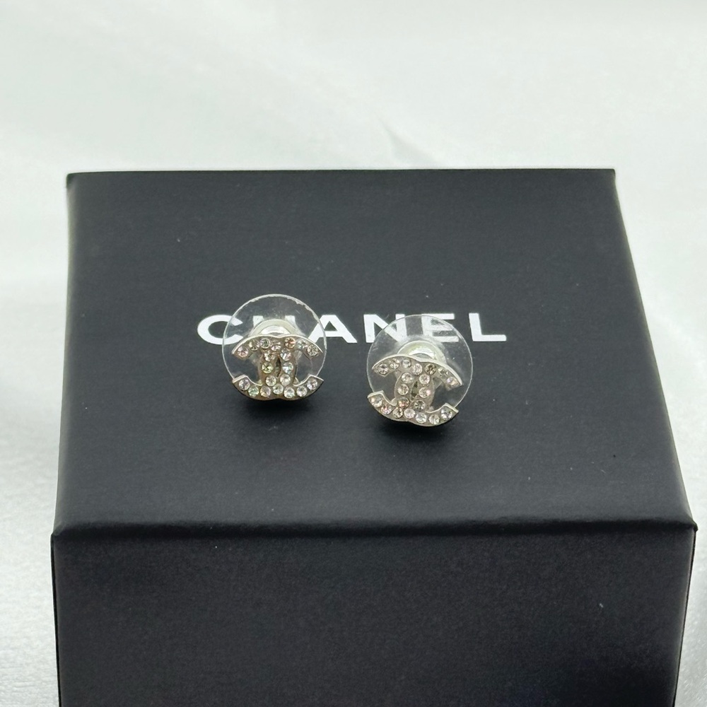 CHANEL Classic Silver Mini Crystal CC Stud Earrings